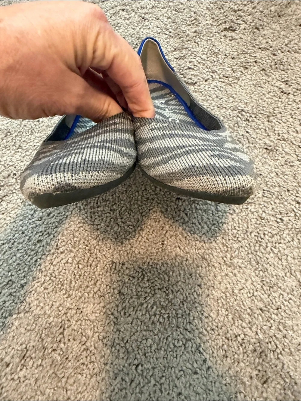 Rothy's Zebra-Print NWOT Pointed Knit Flats in Gray and Blue Trim